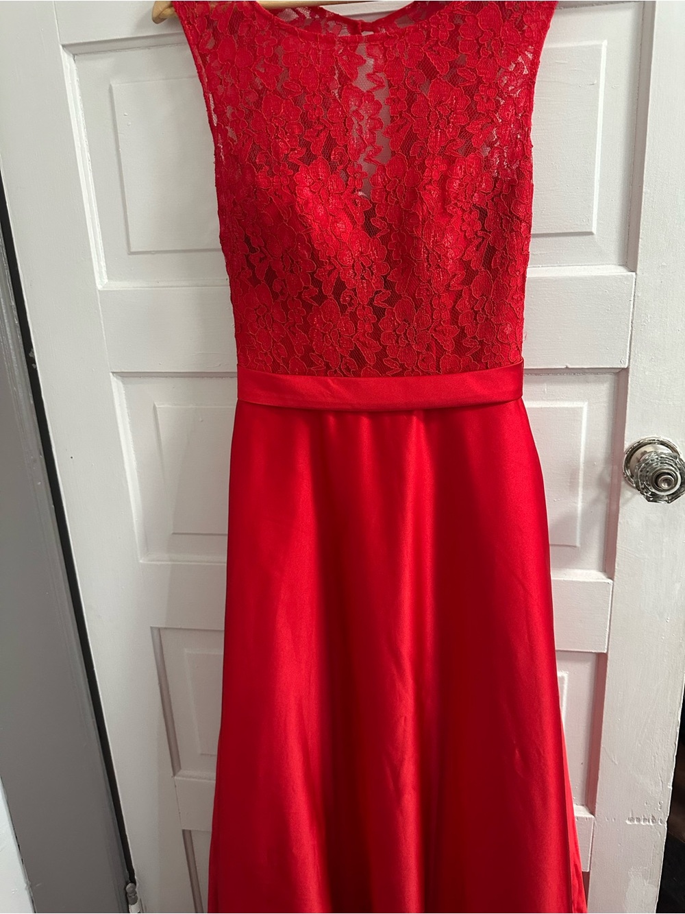 Red Lace Bodice Satin Skirt Prom Dress